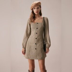 Rihoas The Khaki Square Neck Plaid Button Mini Dress